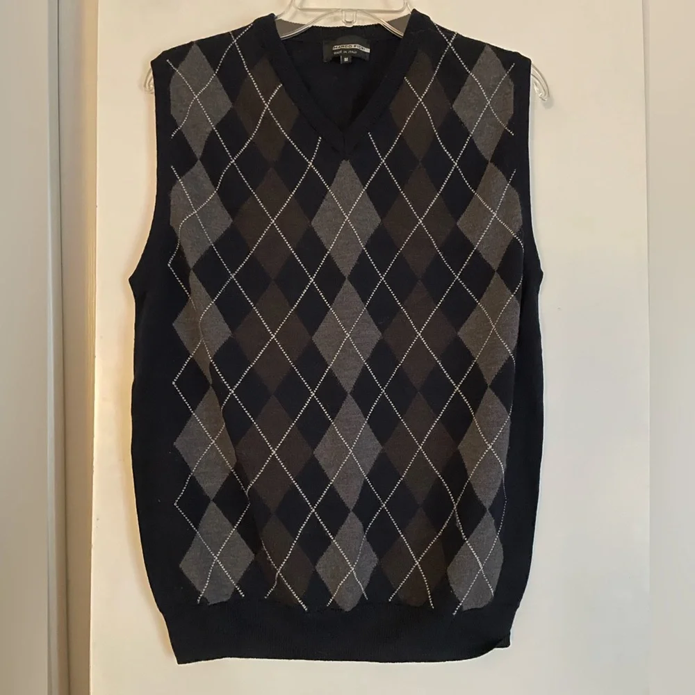 Marco Fiori Italy-Merino Wool Argyle Sweater Vest Navy/Grey NWOT!